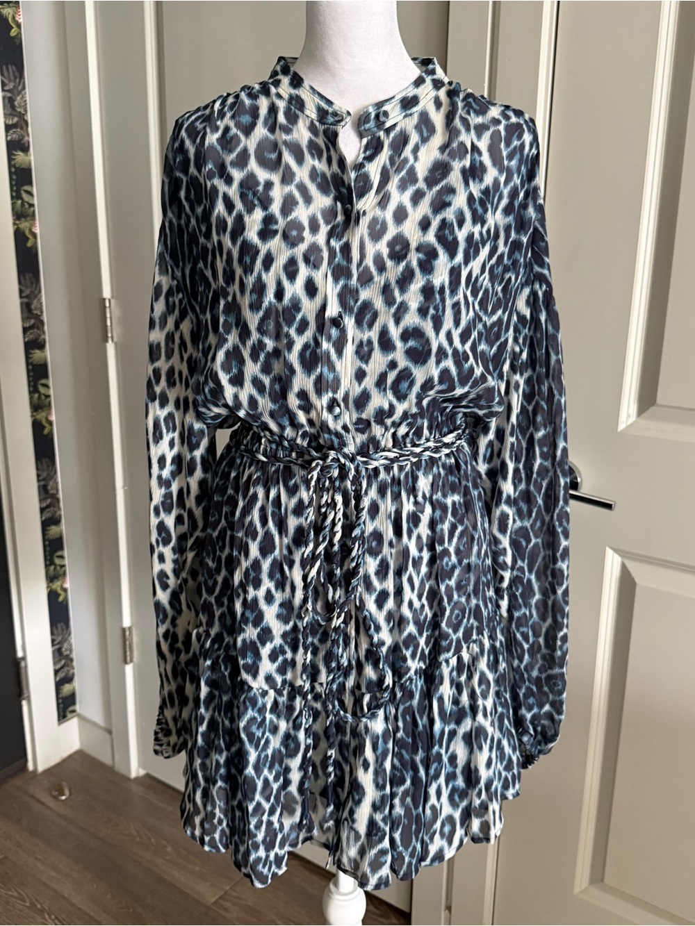 A.L.C. Blue Leopard Print Long Sleeve Silk A-line Mini Dress Size 6